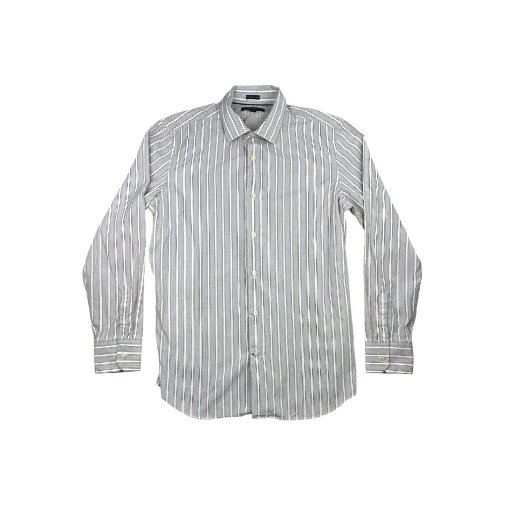 Banana Republic Men's Large Slim Fit Button Down Shirt Gray White Striped Woven